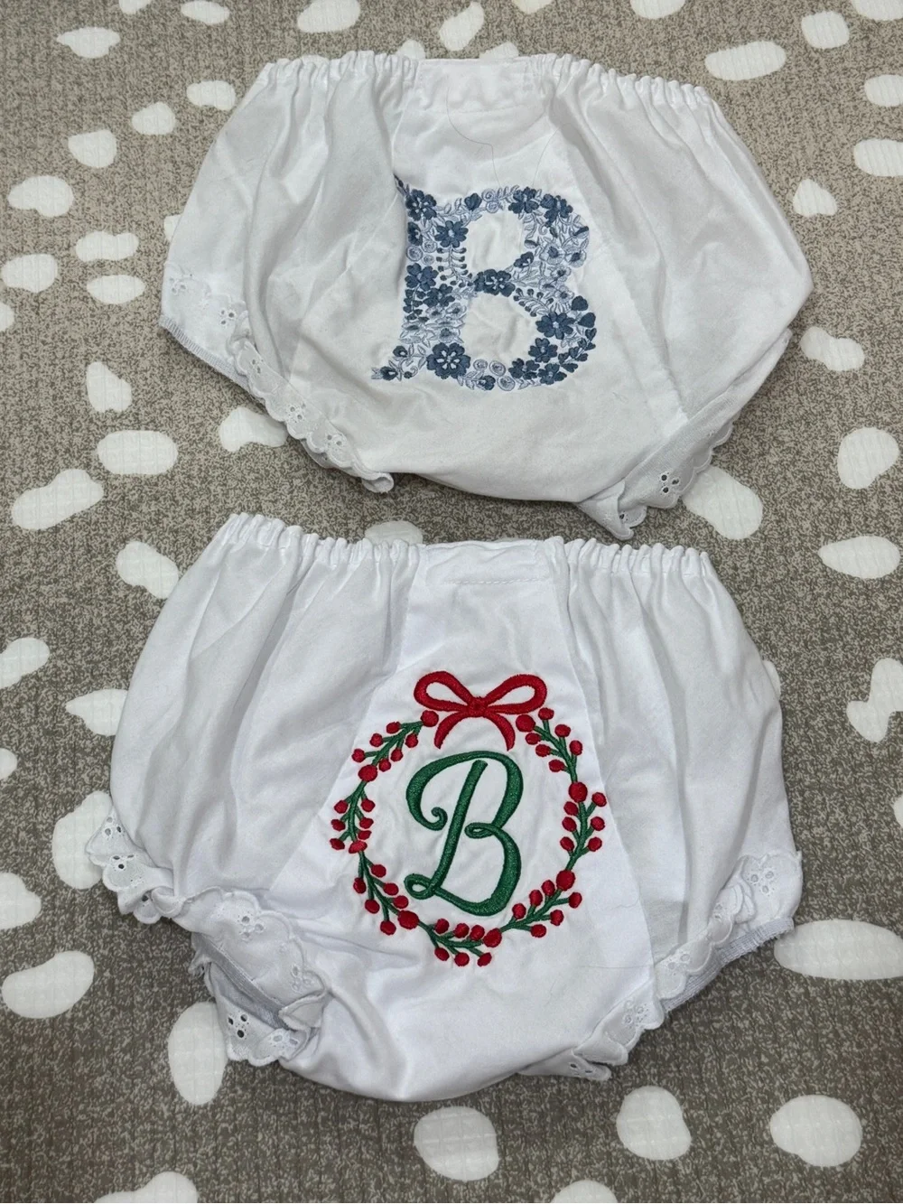 B Monogrammed bloomers eyelet diaper cover embroidered floral Christmas toddler